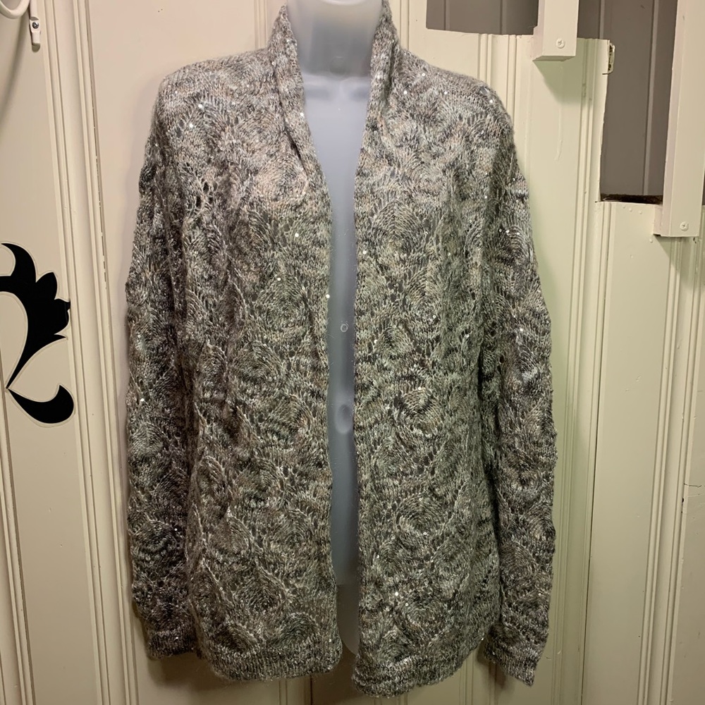 Coldwater Creek silver sequin crochet Christmas new year cardigan M - Picture 2 of 9